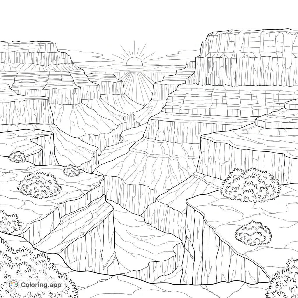 Experience the grandeur of a canyon sunrise. This detailed page features layered cliffs and simplified shadows, inviting mindful coloring.