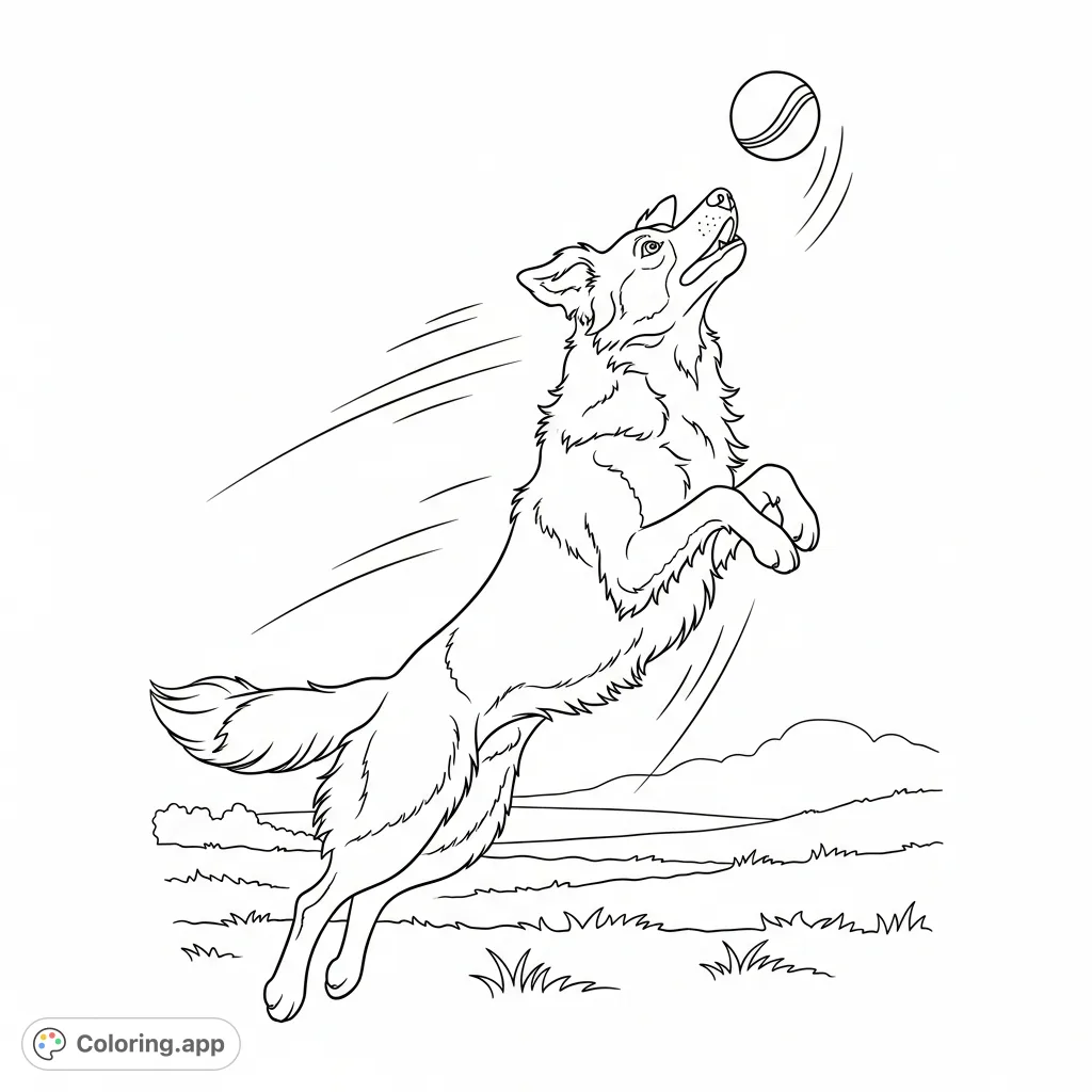An energetic Border Collie leaps joyfully after a round ball, captured mid-air with dynamic motion lines, set against a simple open field background.