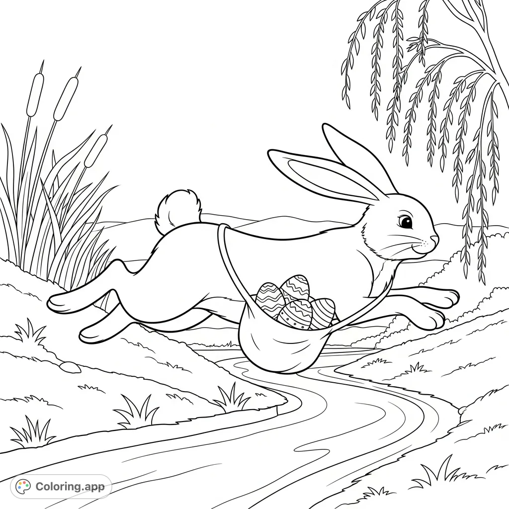 Capture the joy of spring with an energetic bunny leaping over a brook, its ears flying back, carrying precious eggs. A delightful nature scene for all ages.