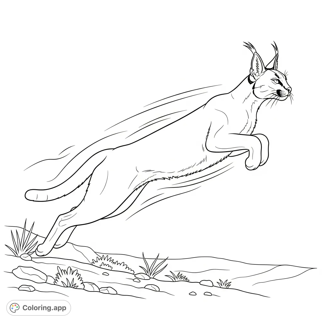 Capture the raw power and grace of a caracal mid-leap. An elegant wild cat with distinctive tufted ears, showcasing athletic movement in an arid landscape.