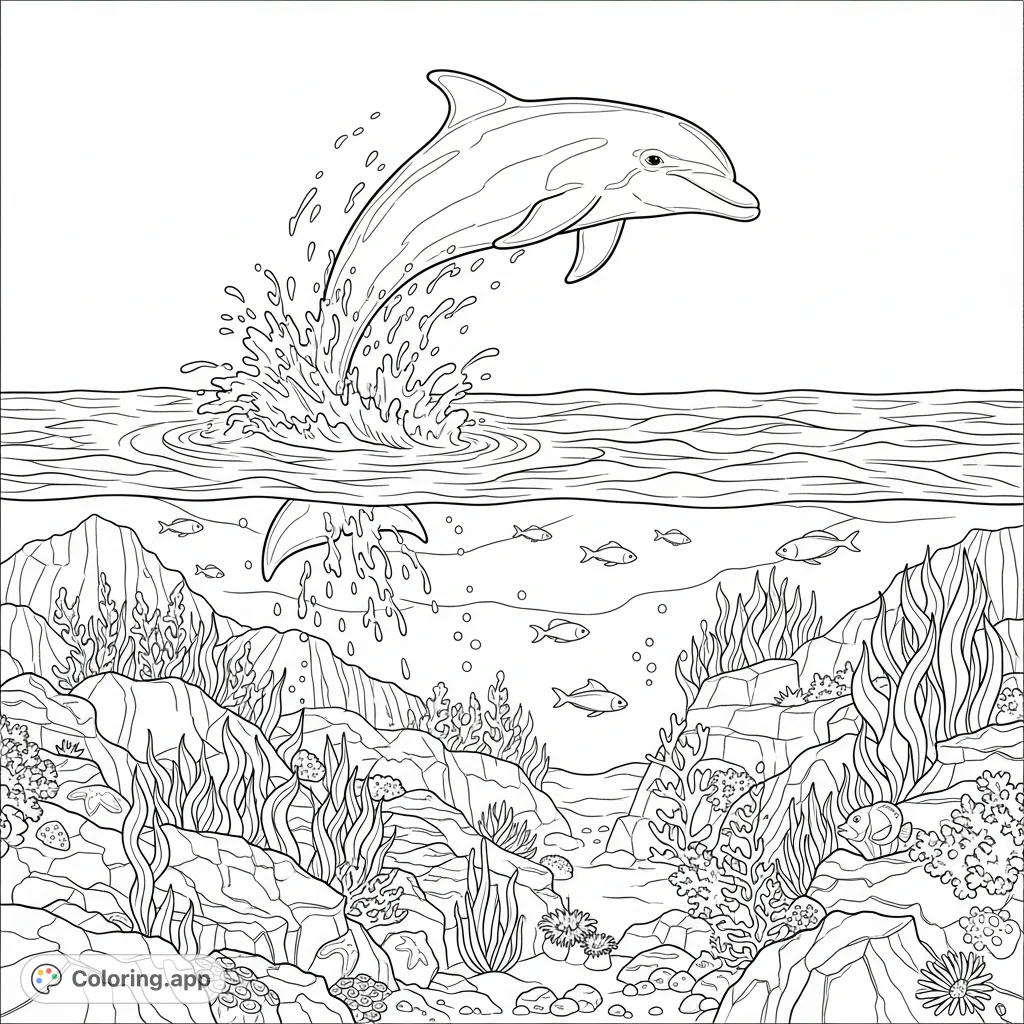 Capture the thrill of a dolphin leaping over intricate underwater rocks and marine life. A dynamic scene for all ages to color and enjoy.