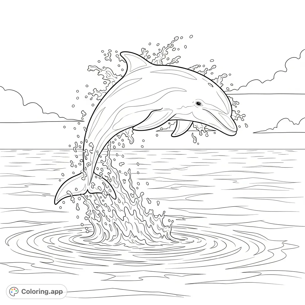 A majestic dolphin arcs powerfully out of dynamic ocean waves, with water droplets suspended mid-air. A serene horizon and open sky complete the scene.
