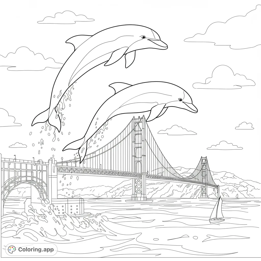 Two dolphins leap over the iconic Golden Gate Bridge in this dynamic free printable coloring page, perfect for kids and adults.