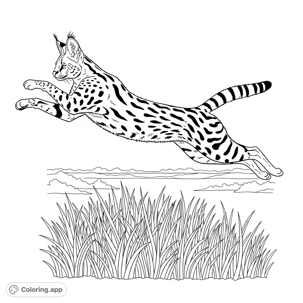 Experience the grace of a serval mid-leap over a grassy patch. This detailed page captures its unique features and dynamic pose.