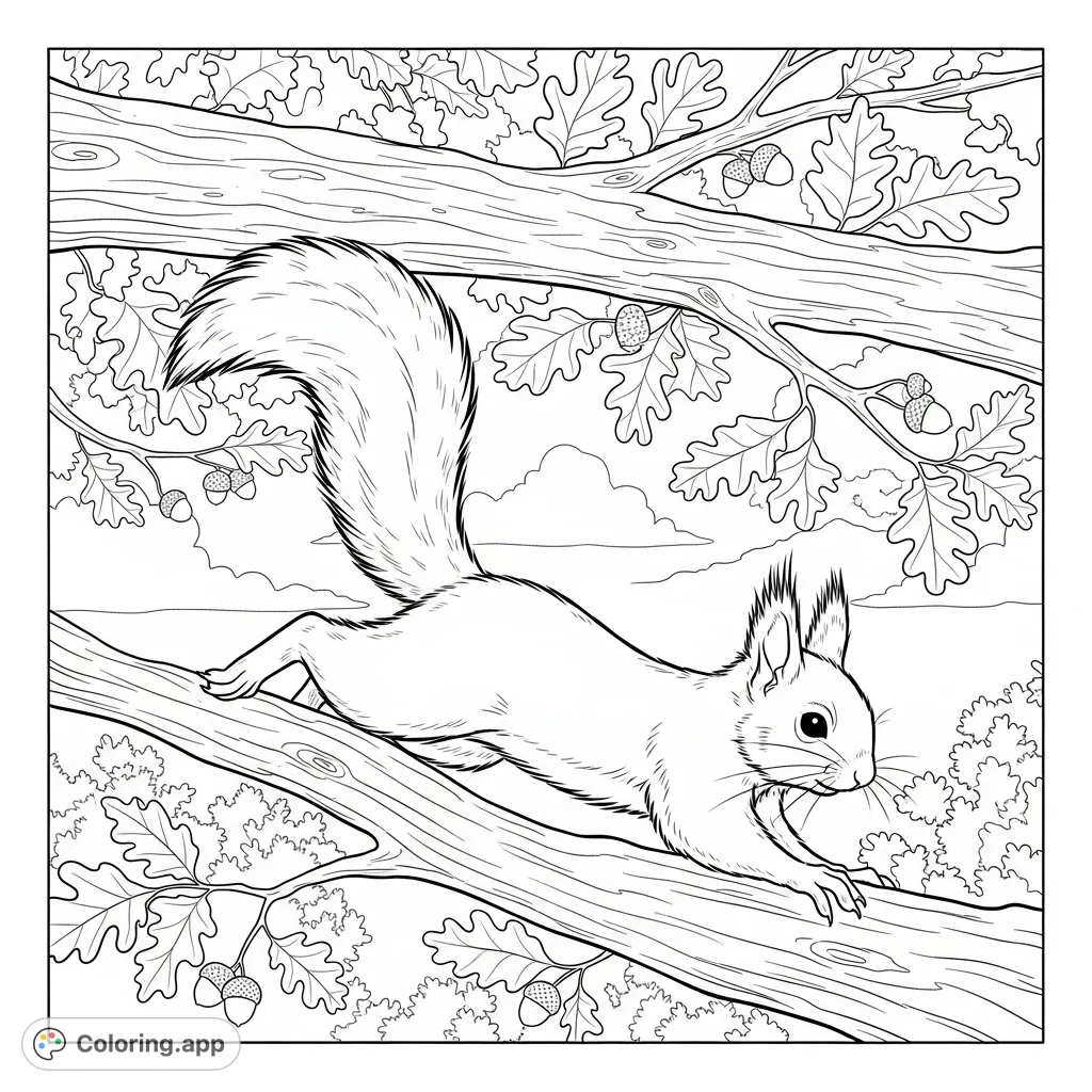 A delightful coloring page featuring a small squirrel kit in mid-leap between two branches, surrounded by textured leaves and acorns.