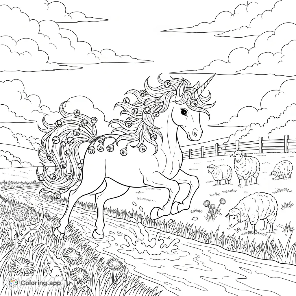 A playful unicorn with bells on its mane leaps over a bubbling brook in a serene pastoral landscape with grazing sheep and fluffy clouds.
