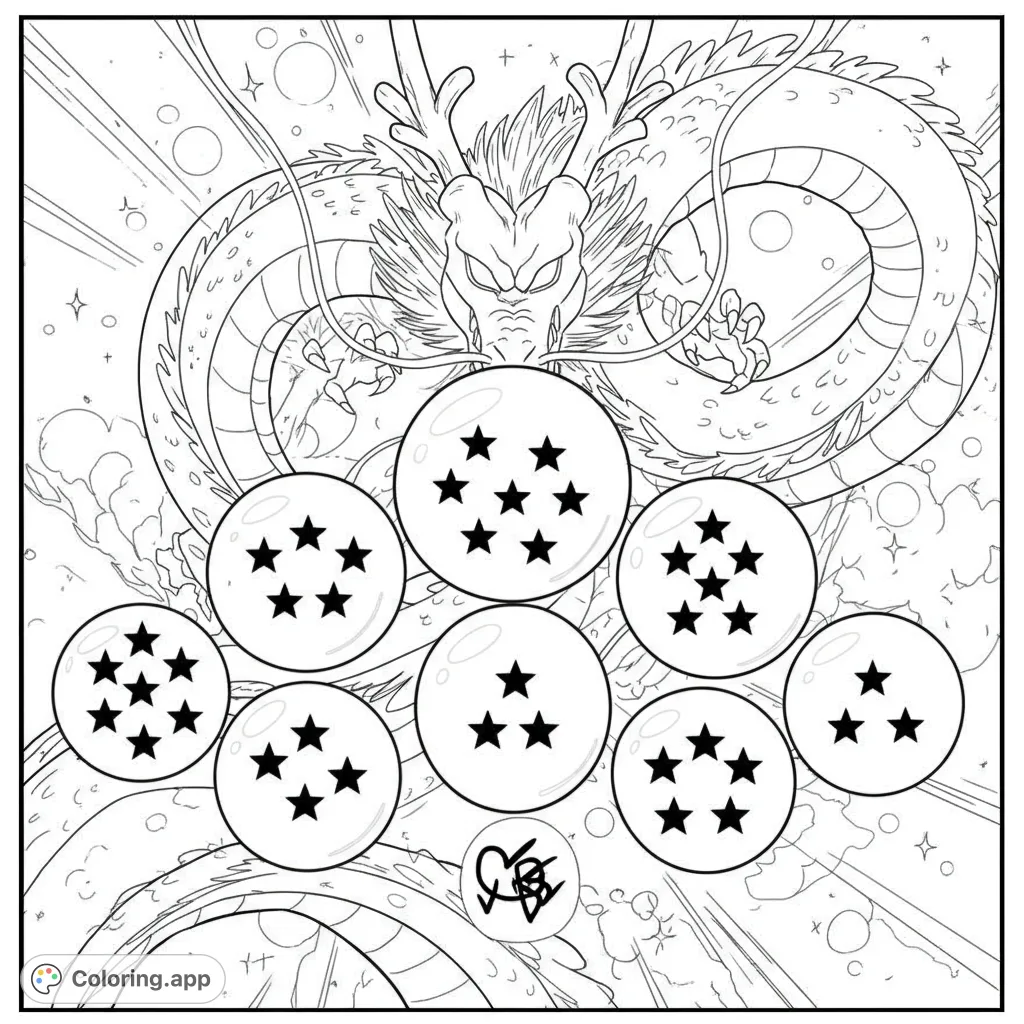 A powerful anime dragon emerges amidst swirling energy, surrounded by mystical star-filled orbs. A dynamic fantasy coloring page.