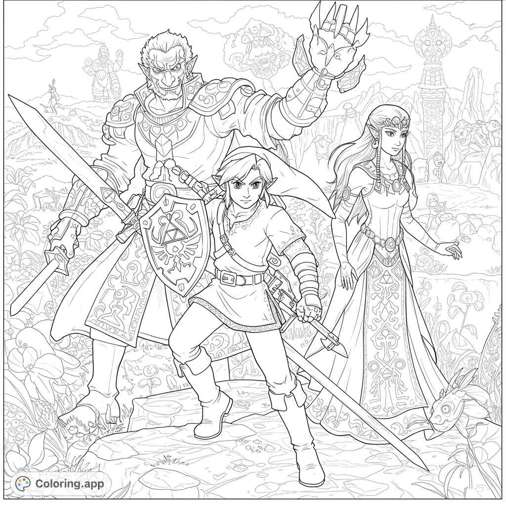 An epic fantasy adventure coloring page featuring Link, Zelda, and Ganondorf amidst a detailed landscape, ready for battle.