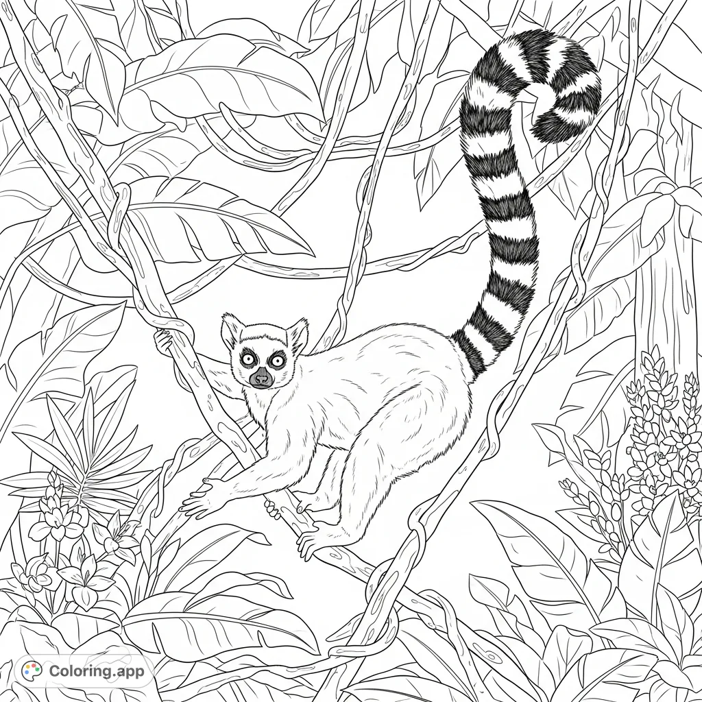 A charming ring-tailed lemur gracefully climbs a dense network of winding jungle vines, its striped tail curling. Lush leaves and exotic flowers complete the scene.