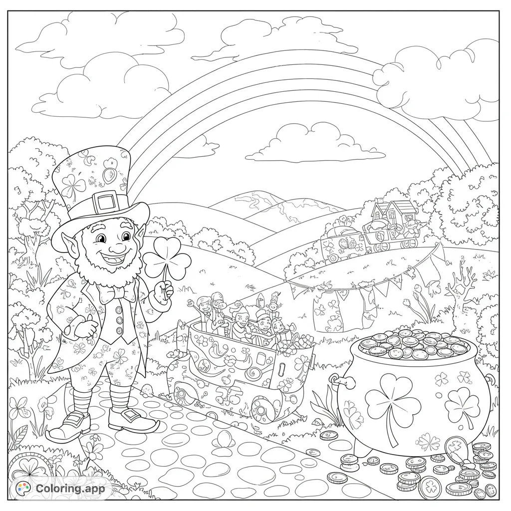 Celebrate St. Patrick's Day with a cheerful leprechaun, a train of kids, a pot of gold, and a vibrant rainbow. A free printable coloring page for festive fun!