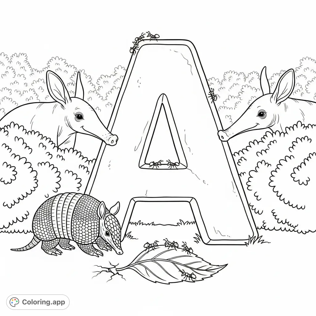 Explore a detailed capital Letter A, serving as an archway for an armadillo, an aardvark, and a cluster of ants on a fallen leaf. A fun alphabet animal coloring page.