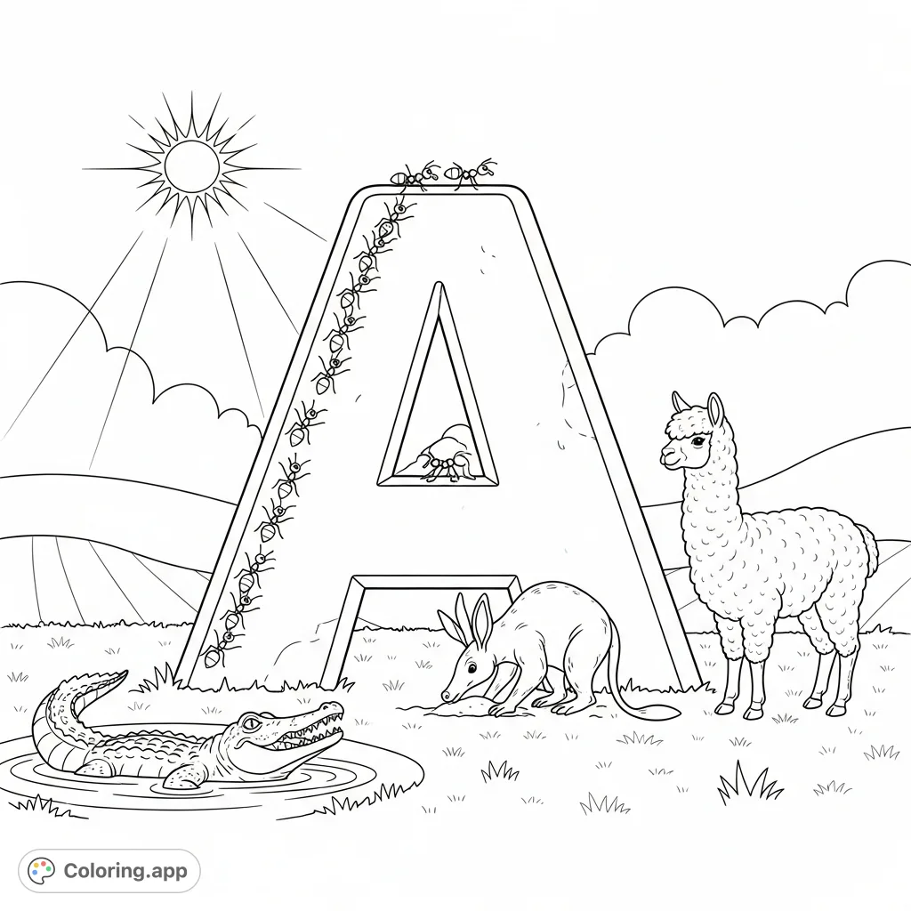 Explore a charming alphabet A coloring page featuring a giant letter A surrounded by an alligator, tiny ants, an aardvark, and a gentle alpaca.