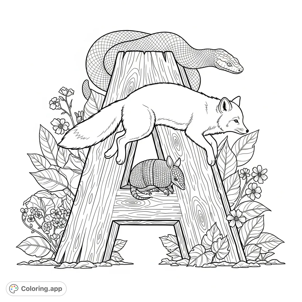 A captivating letter A coloring page featuring a sculpted wooden 'A', an arctic fox, an armadillo, an anaconda, and delicate wildflowers. A charming alphabet wildlife adventure.