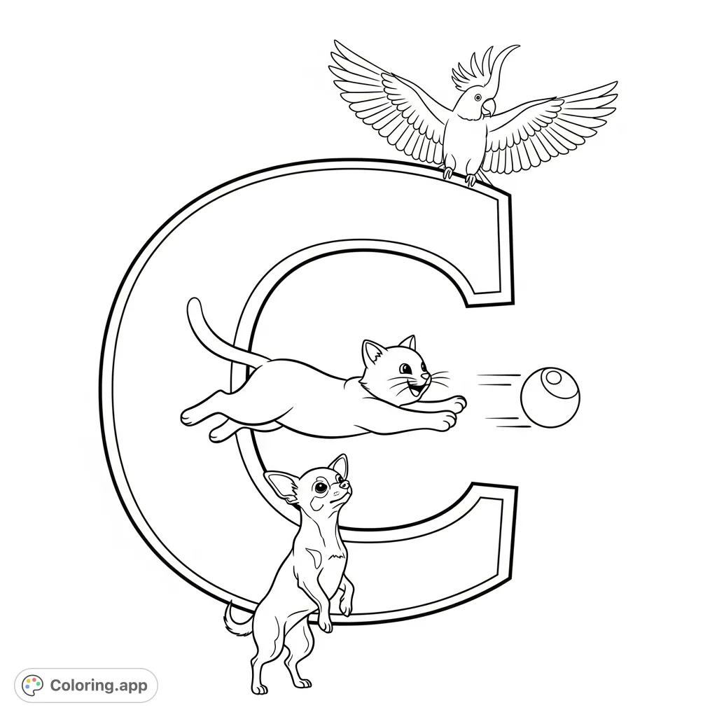 Explore the playful Letter C coloring page featuring a cheerful cat, energetic chihuahua, and a soaring cockatoo. A fun, free printable coloring page!