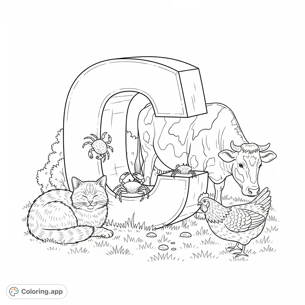 Explore the letter C with a fluffy cat, a calm cow, a curious chicken, and a scuttling crab in a charming grassy field. A delightful alphabet adventure!