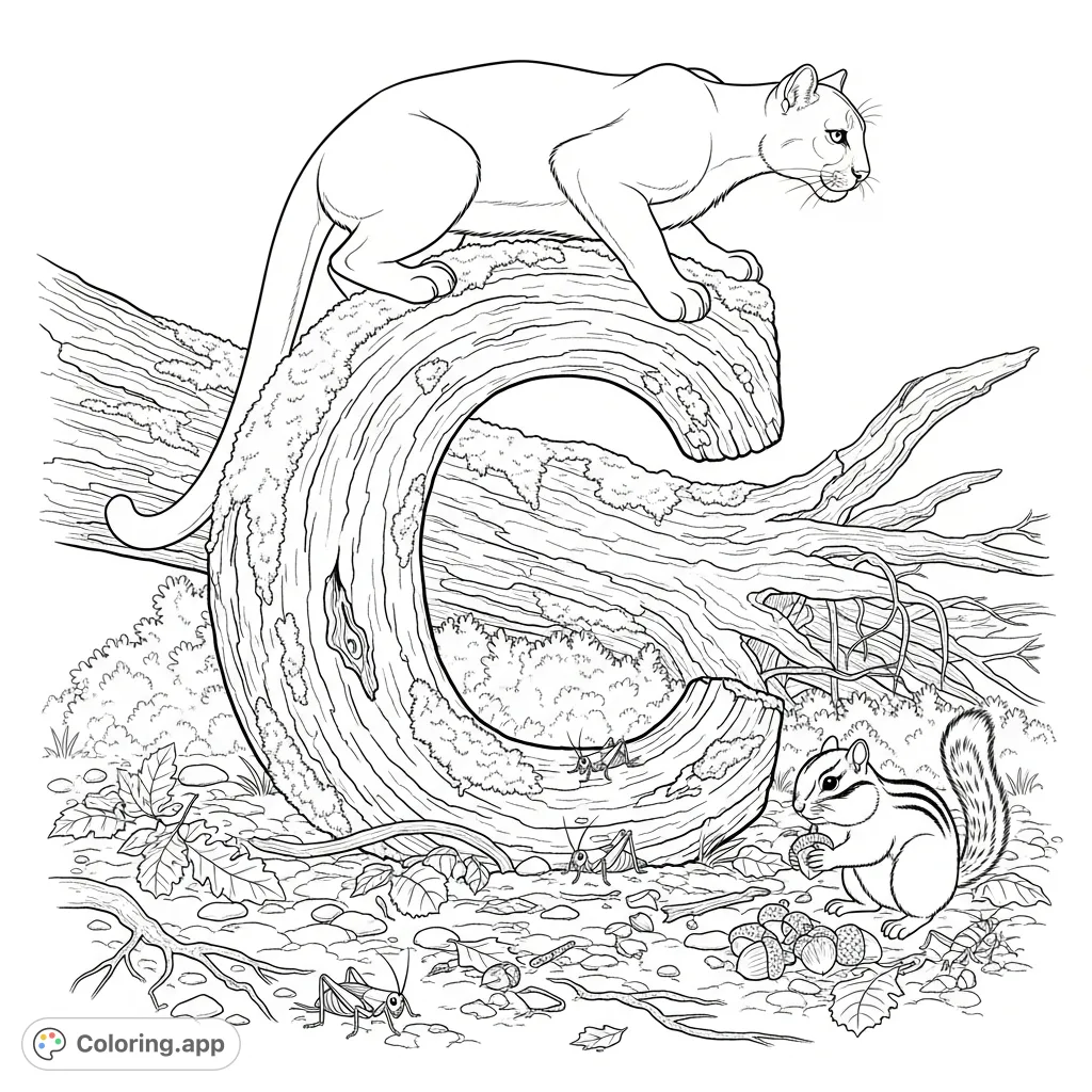 Explore a unique alphabet coloring page featuring a moss-covered letter C. A cougar surveys the scene, a chipmunk gathers nuts, and crickets hide in forest debris.