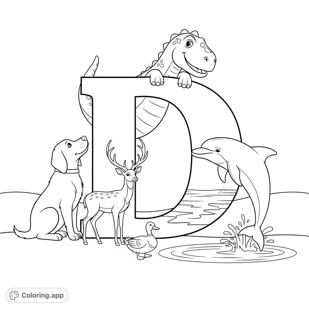 An engaging letter D coloring page featuring a dog, dinosaur, duck, deer, and dolphin for fun ABC learning and creative expression.