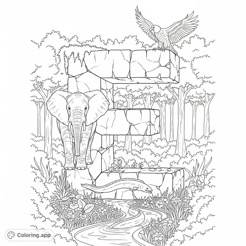 Explore an educational letter E coloring page featuring an elephant, eagle, and eel in a lush forest. Perfect for learning and creative expression!