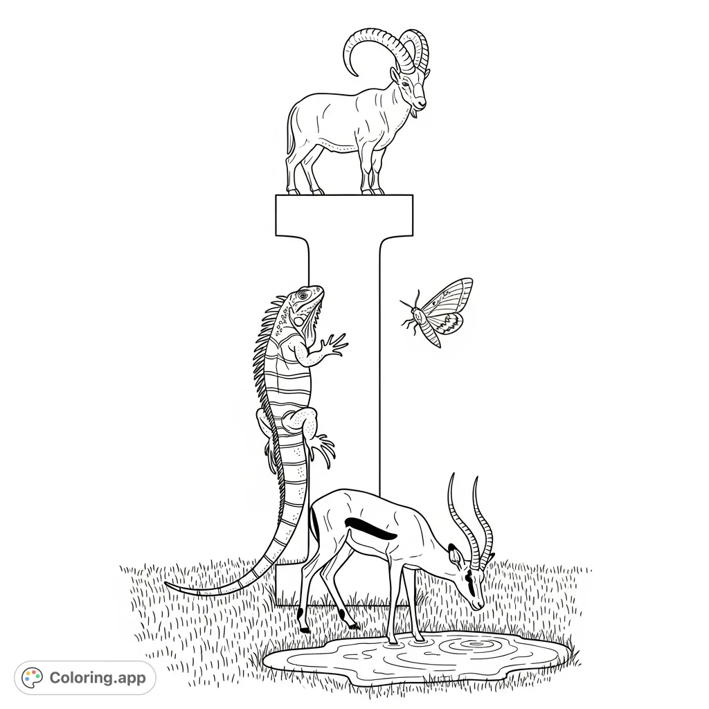 An adventurous Letter I coloring page featuring an iguana, impala, ibex, and imperial moth. Perfect for learning and creative fun with diverse animal life.