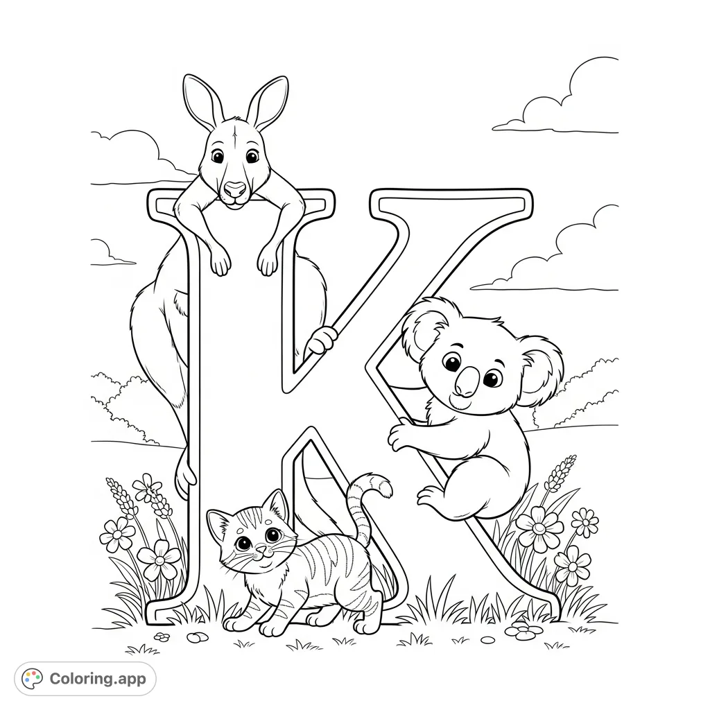 Color a grand letter K adorned with a playful kangaroo, curious koala, and cute kitten in a wildflower field. A delightful alphabet and animal scene!