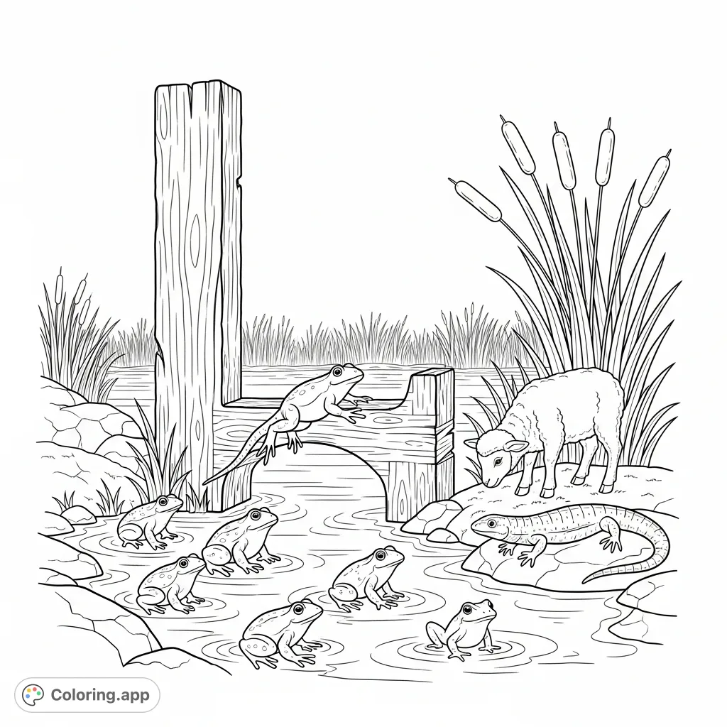 A charming scene featuring a wooden letter 'L' as an archway to a serene lake, bustling with leaping frogs, a basking lizard, and a grazing lamb. Perfect for nature and alphabet fun.