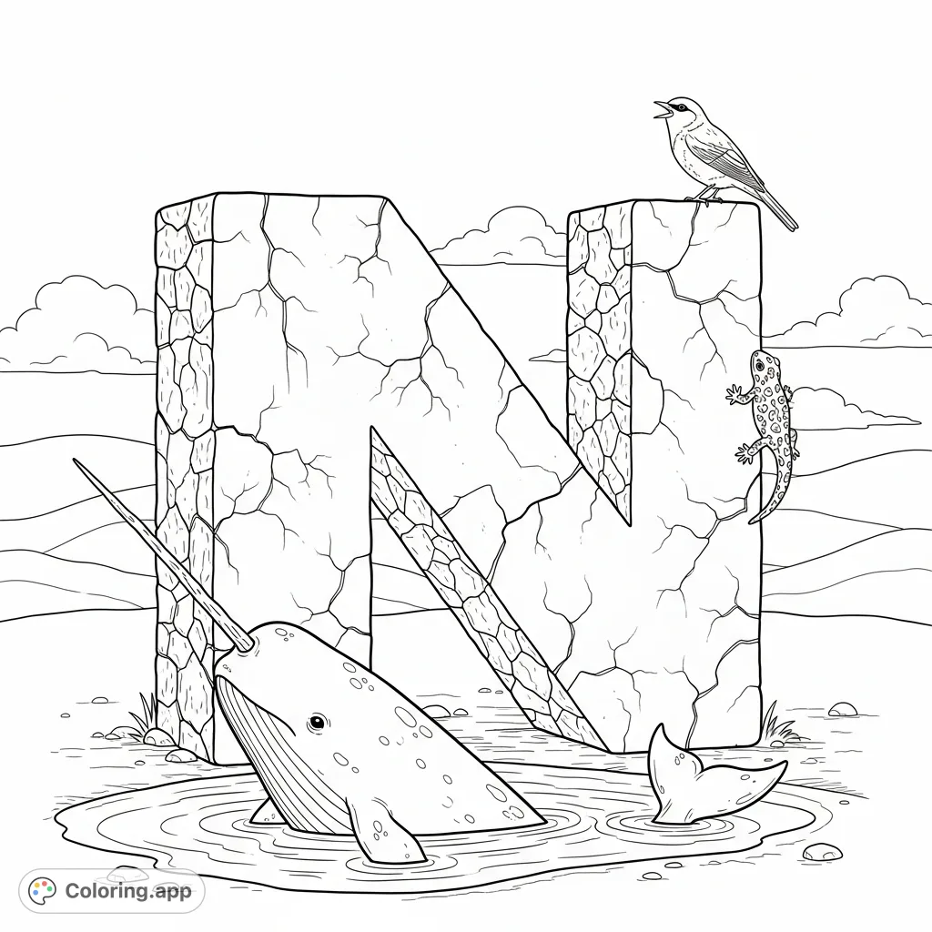 Explore the letter N with a grand stone 'N', a breaching Narwhal, a singing Nightingale, and a crawling Newt in a serene landscape. A delightful N-themed coloring adventure.