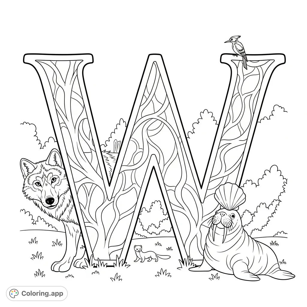 Explore the Letter W Woodland Adventure coloring page! A stylized 'W' archway shelters a curious wolf, a balancing walrus, a pecking woodpecker, and a scurrying weasel.