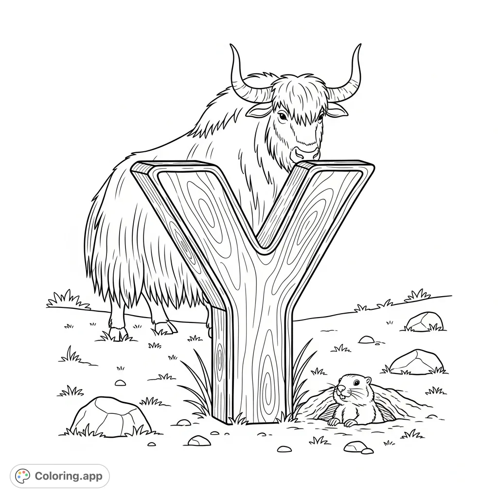 Explore an educational Y for Yak coloring page featuring a grand wooden 'Y,' a majestic yak, and a curious marmot in a whimsical field.