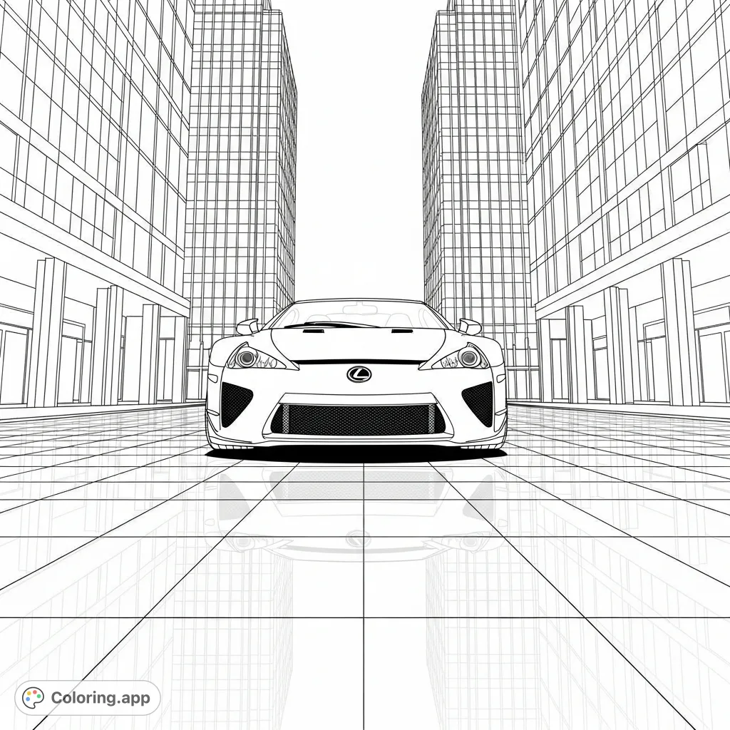 Experience the striking presence of a Lexus LFA sports car amidst a reflective city. Intricate details of the car and modern architecture await your creative touch.