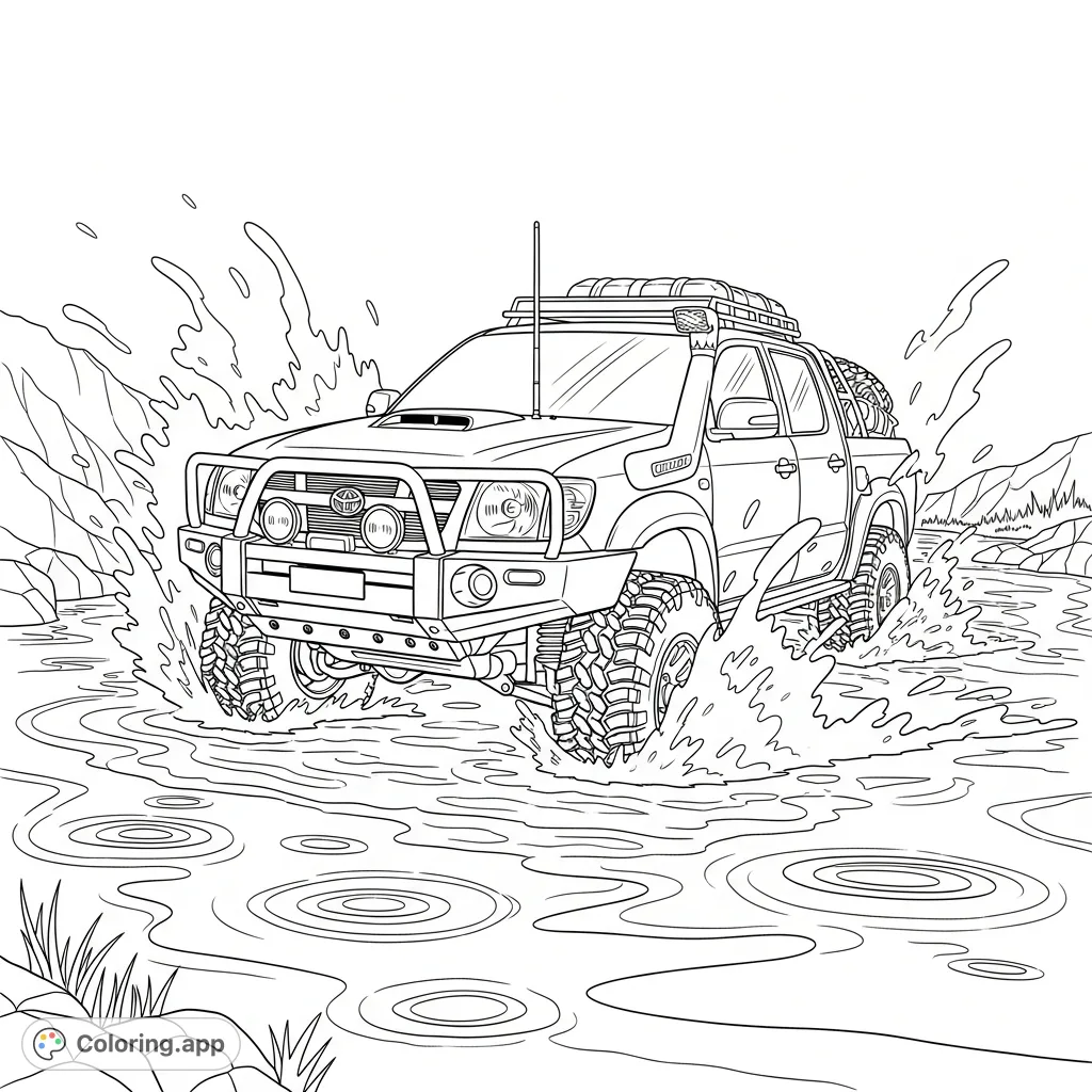 An adventurous lifted 4x4 truck with a snorkel splashes through deep water, creating dynamic ripples and spray. Perfect for off-road enthusiasts!