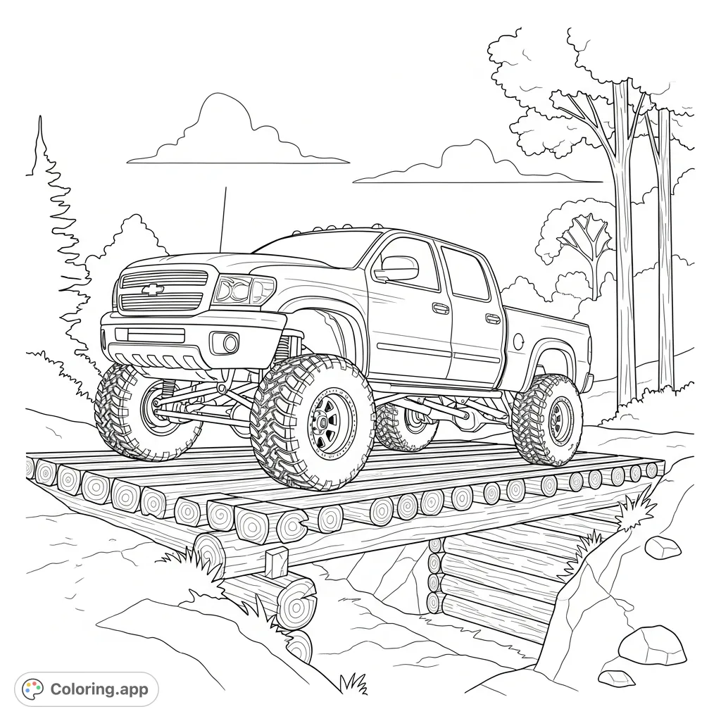 A powerful lifted pickup truck crosses a rugged log bridge amidst a serene, minimal forest. Perfect for vehicle enthusiasts and nature lovers.