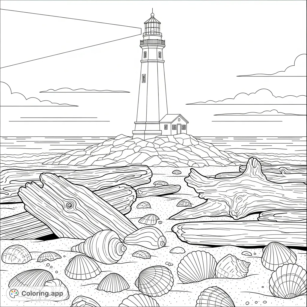 Color a captivating coastal scene featuring a towering lighthouse, a sandy beach adorned with weathered driftwood, and intricate seashells. Perfect for relaxation.
