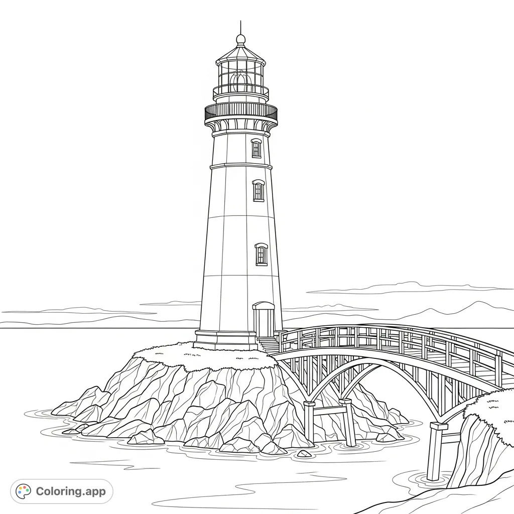 A majestic lighthouse stands on a rugged island, connected to the mainland by a charming wooden footbridge. Serene waters gently surround the rocky base.