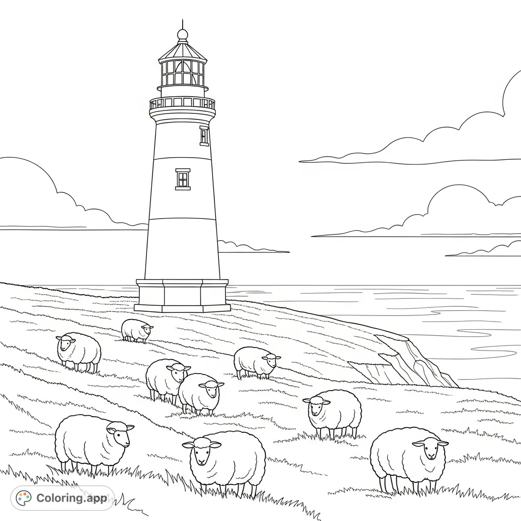 A scenic coloring page featuring a towering lighthouse on a windswept grassy cliff, with gentle sheep grazing nearby and the vast ocean stretching beyond.