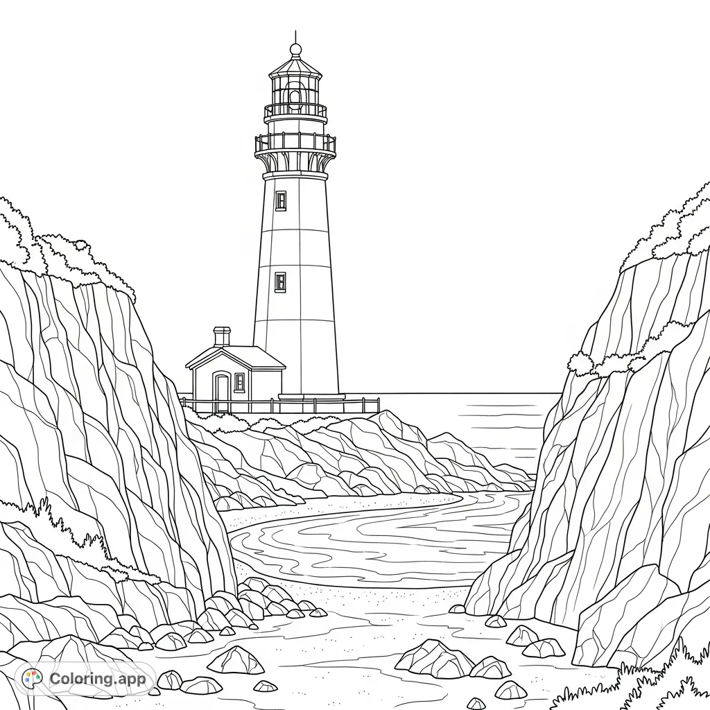 A detailed coloring page featuring a classic lighthouse standing tall over a tranquil cove, framed by rugged cliffs and a peaceful shoreline.