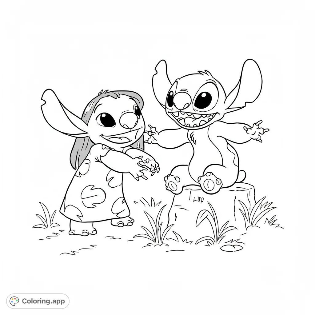 Lilo and Stitch share a joyful moment, perfect for fans of the beloved duo. A free printable coloring page for kids.