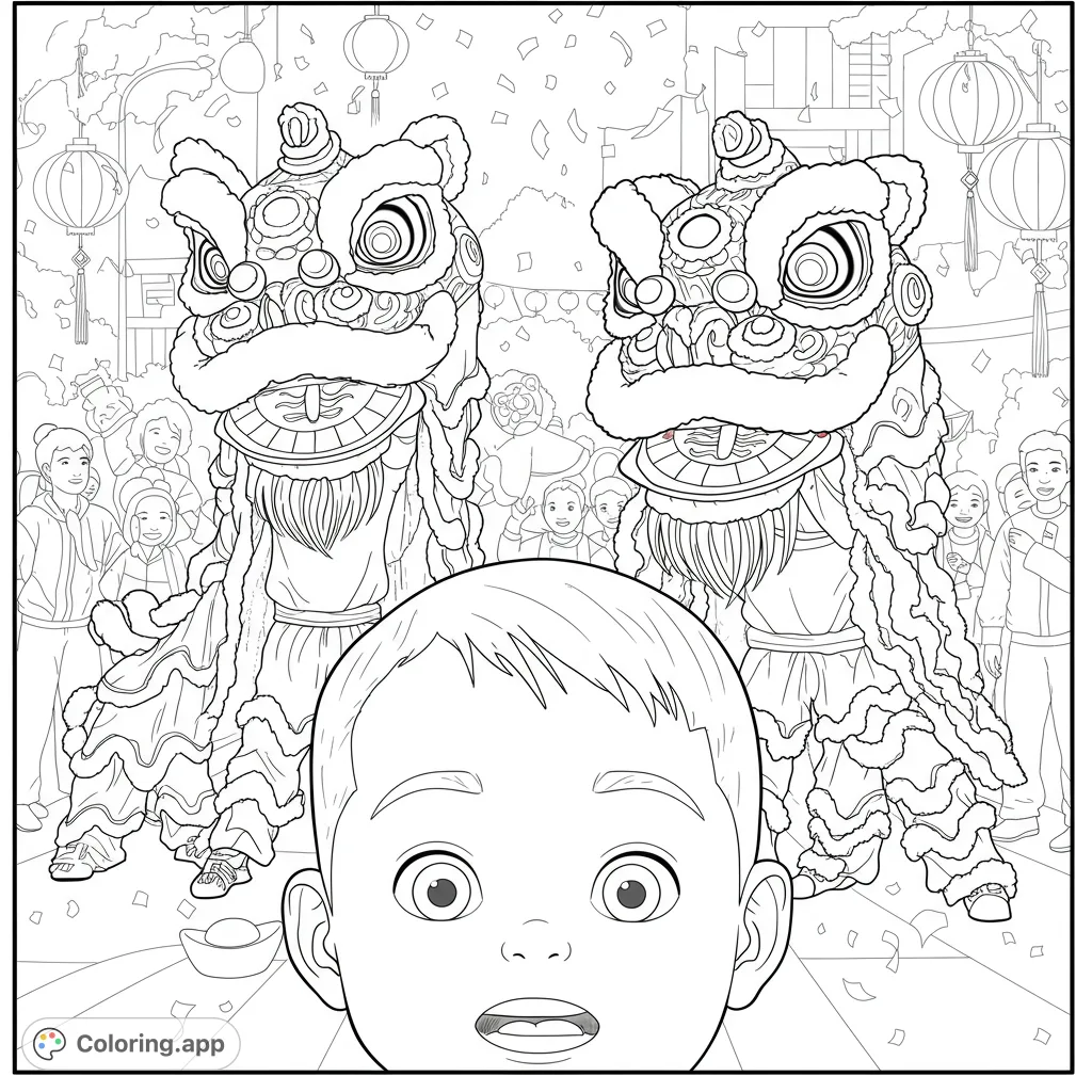 Experience the vibrant energy of a Chinese New Year lion dance coloring page! A child watches two majestic lions amidst a festive crowd. Free printable coloring page for all ages.