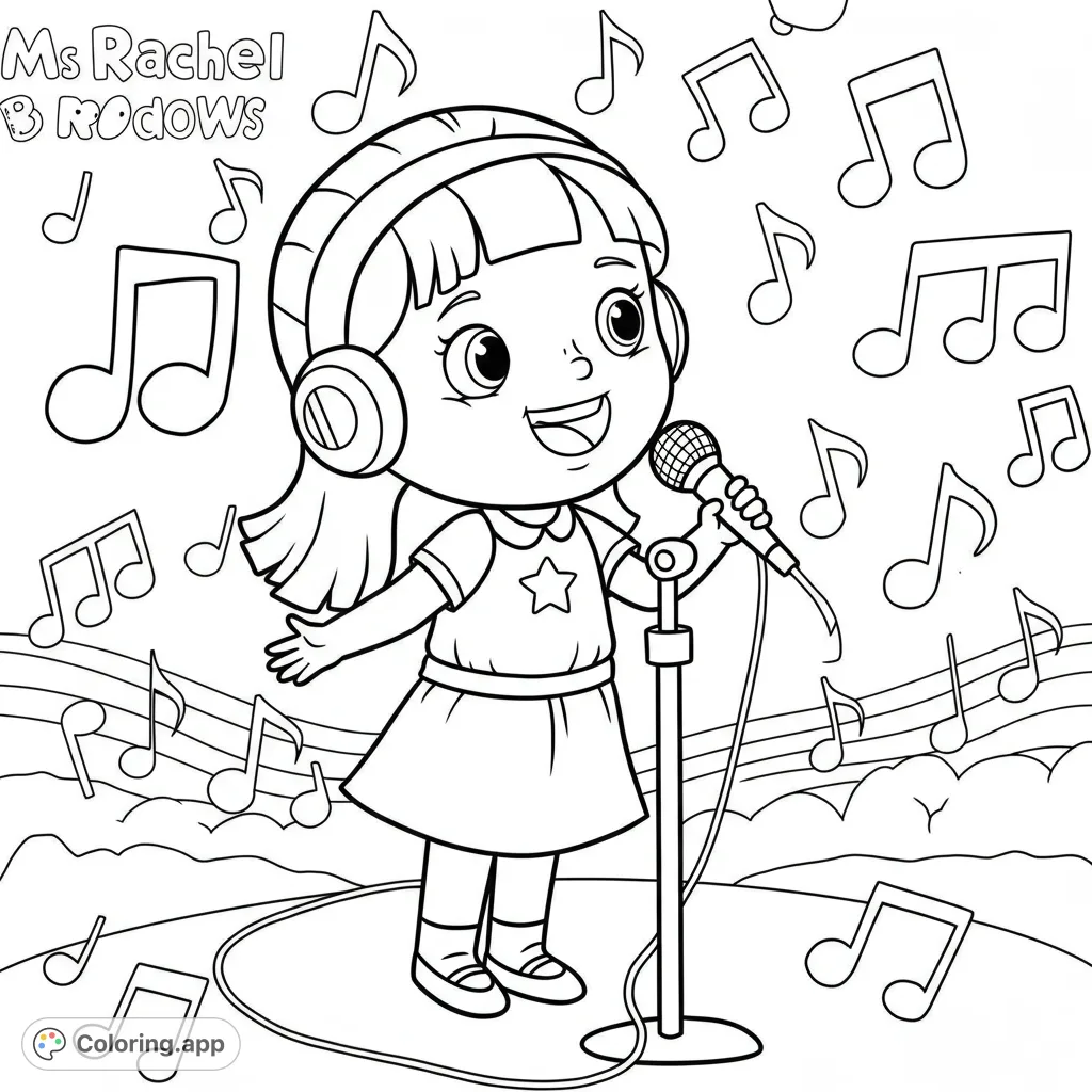 An adorable girl with headphones sings into a microphone, surrounded by floating music notes. A fun music-themed coloring page for kids and adults.