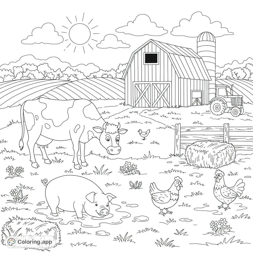 A charming farm scene with a cow, pig, chickens, barn, and tractor, perfect for a fun coloring adventure.