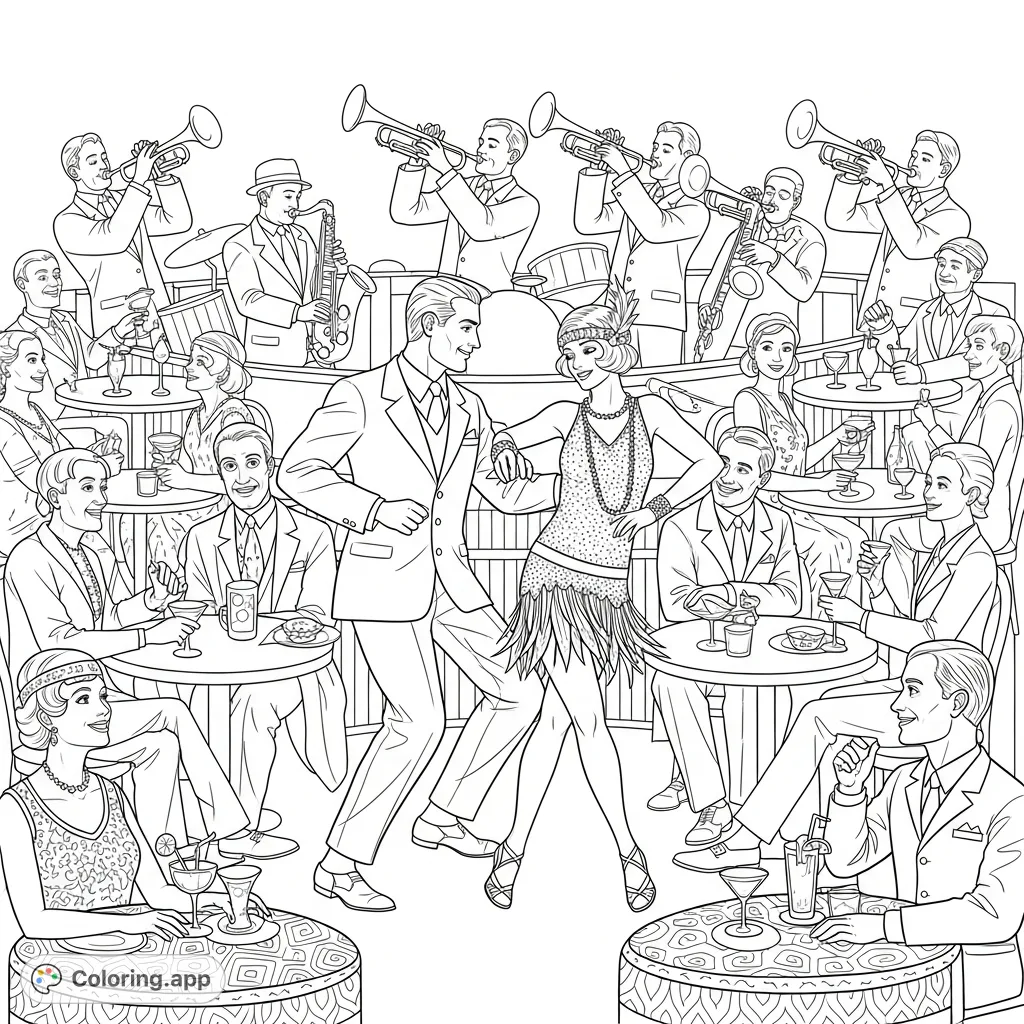 Step into a bustling jazz club scene! A dancing couple, a band playing instruments, and a crowd enjoying drinks fill this detailed coloring page.