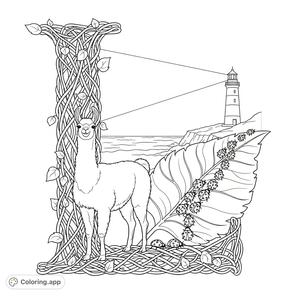 An enchanting 'L' coloring page with a graceful llama, marching ladybugs, and a distant lighthouse. Perfect for learning and creative fun!