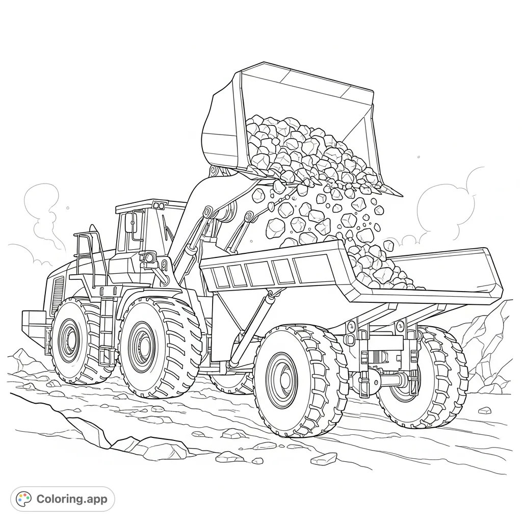 Detailed scene of a large front-end loader actively dumping a load of textured ore into the open bed of a robust articulated dump truck in a quarry setting.
