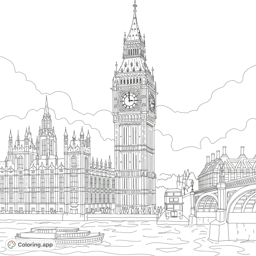 Detailed London cityscape featuring Big Ben, Houses of Parliament, and River Thames. A free printable London coloring page for all ages.