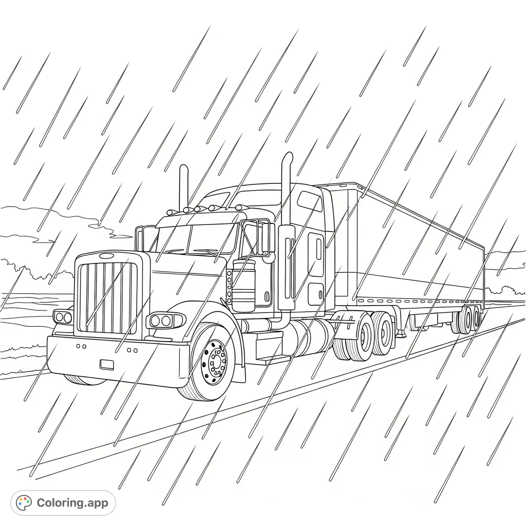 Color a powerful long-haul truck driving through a rainstorm, with raindrops depicted as simple lines. Perfect for vehicle enthusiasts and all ages.