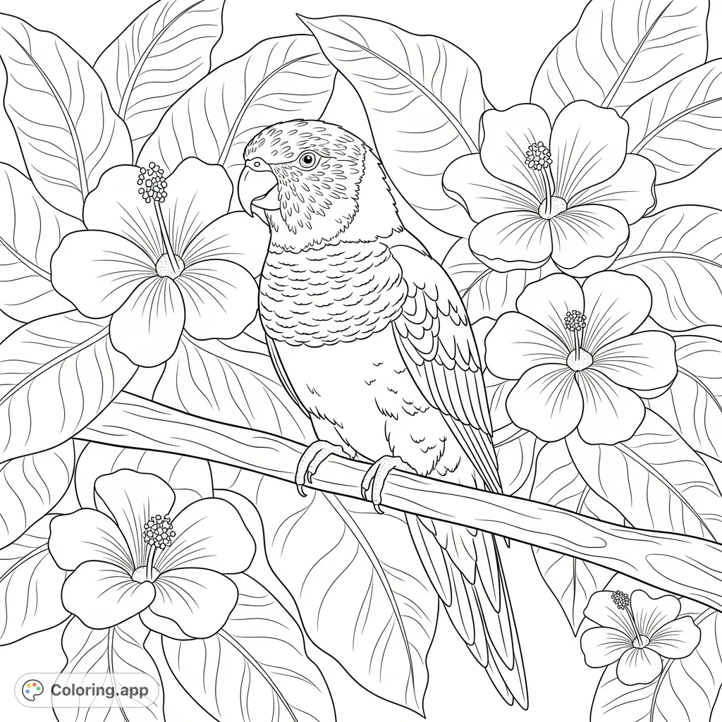 A beautiful lorikeet perches on a branch, surrounded by lush, simplified tropical flowers and broad leaves, creating a detailed yet inviting scene.