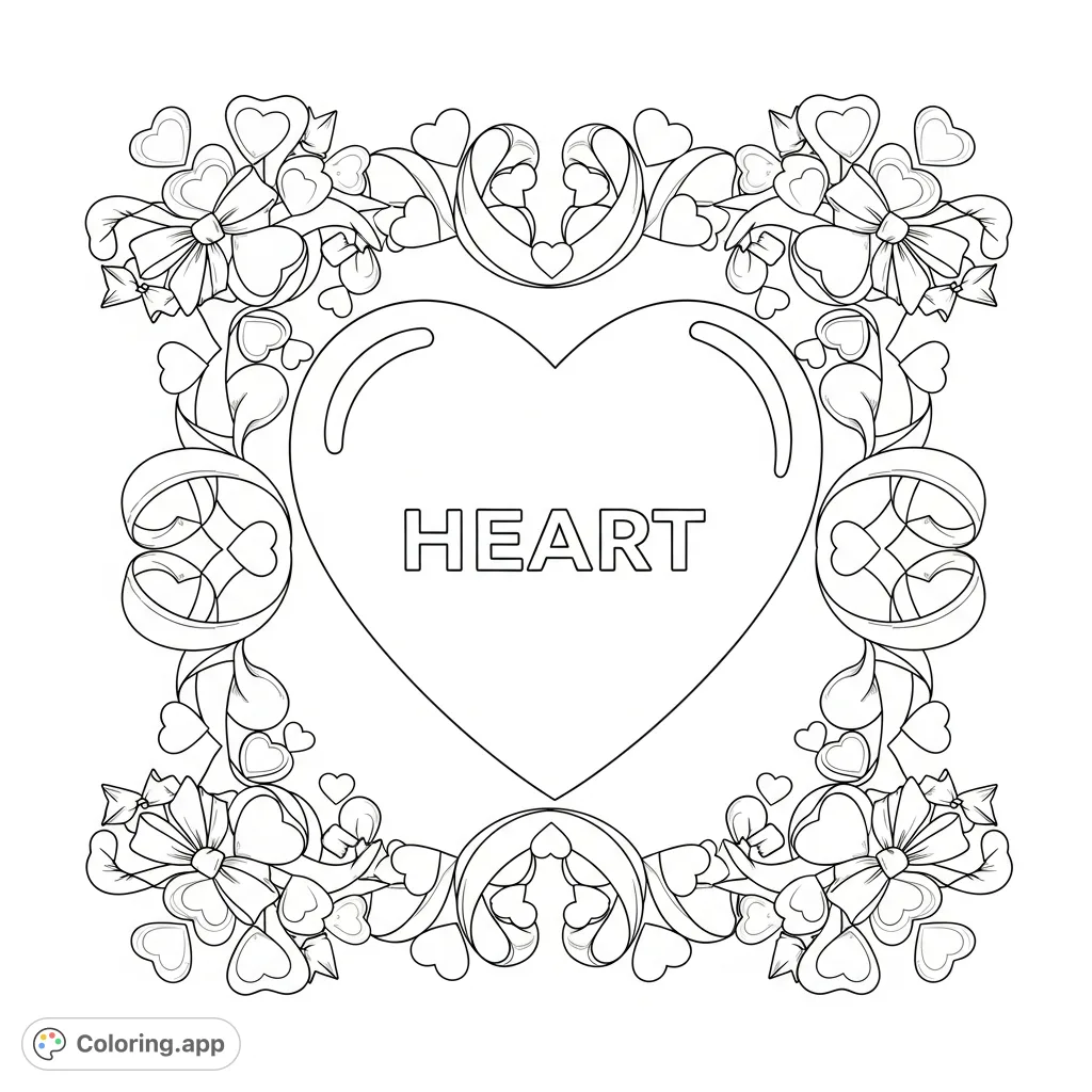 A substantial heart with the word 'Heart' sits within an inviting frame, surrounded by intricate smaller hearts, looping ribbons, and playful candy heart clusters.
