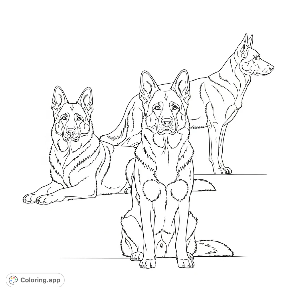 Discover a beautiful group of German Shepherds in various poses, forming a harmonious composition. Perfect for dog lovers to bring these intelligent canines to life.
