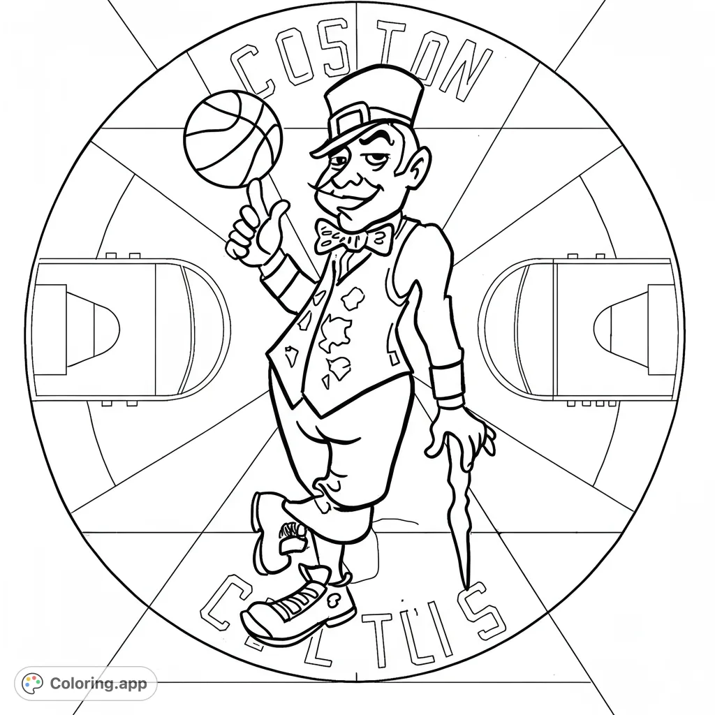 A cheerful leprechaun balances a basketball on his finger, set against a dynamic background of basketball court lines. Perfect for sports fans!