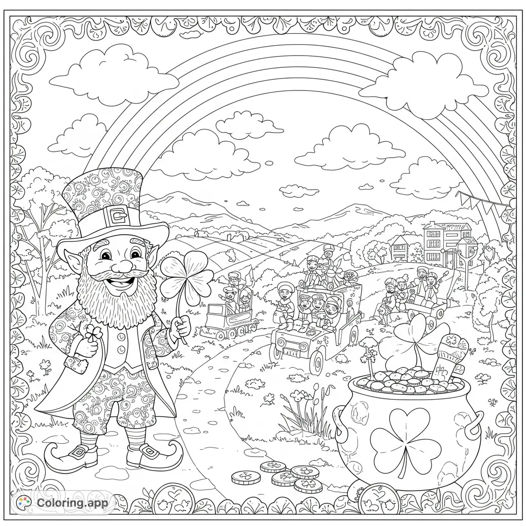 Celebrate St. Patrick's Day with this festive coloring page featuring a cheerful leprechaun, a vibrant rainbow, and a lively parade of figures.