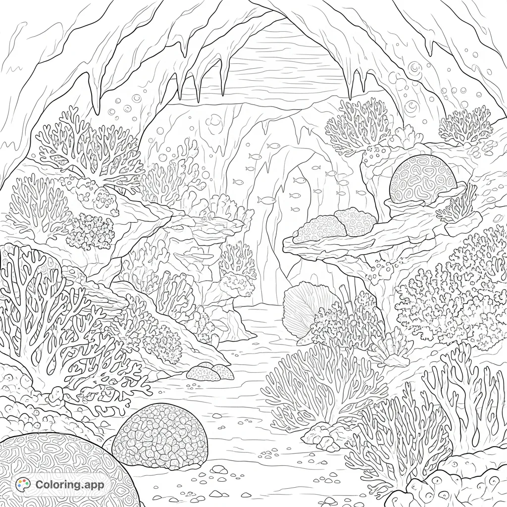 Explore a mesmerizing undersea cave filled with diverse coral formations and luminescent marine life, perfect for a calming coloring adventure.